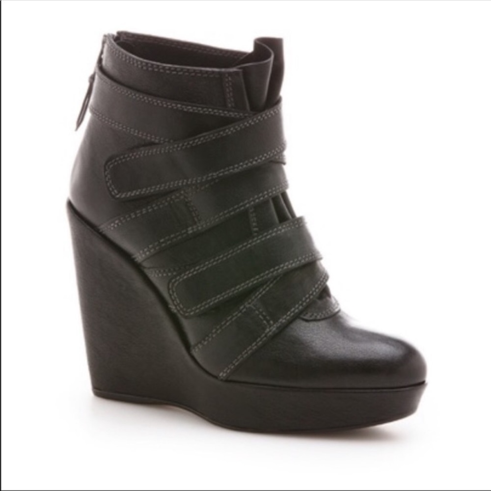 Stuart Weitzman Black Leather Wild Child Platform Strappy Wedge Booties Shoes